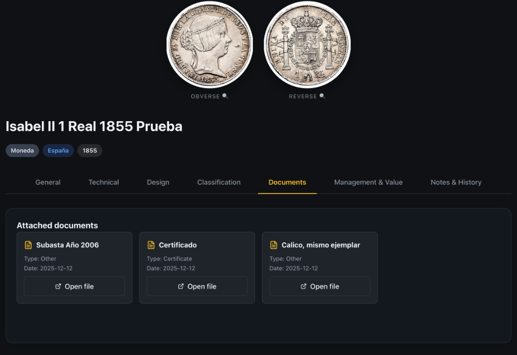 NumisManagerPro Documents and Certificates Management