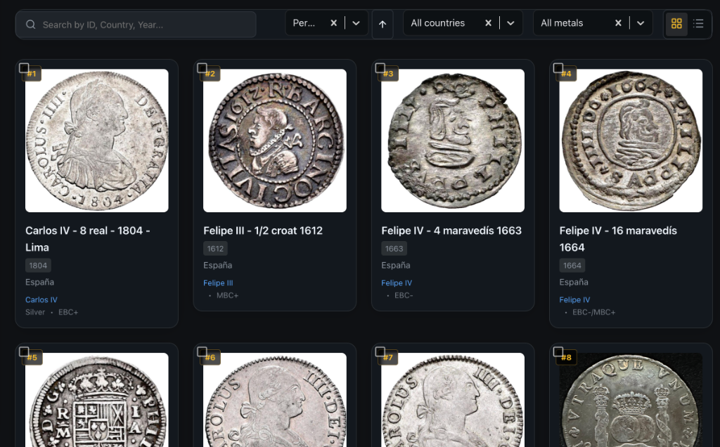 NumisManagerPro Collection Grid View