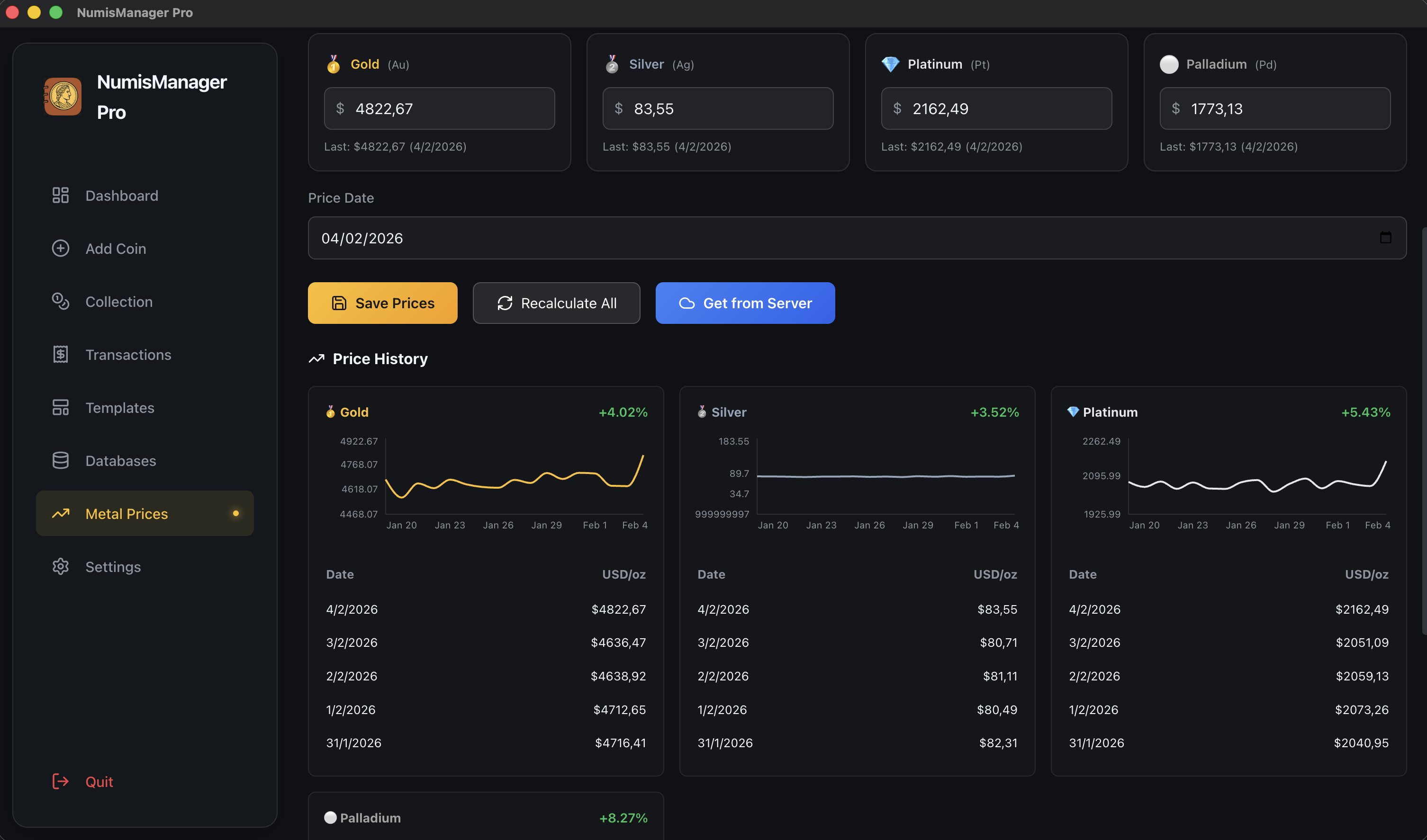 NumisManagerPro Metal Prices Tracking Dashboard