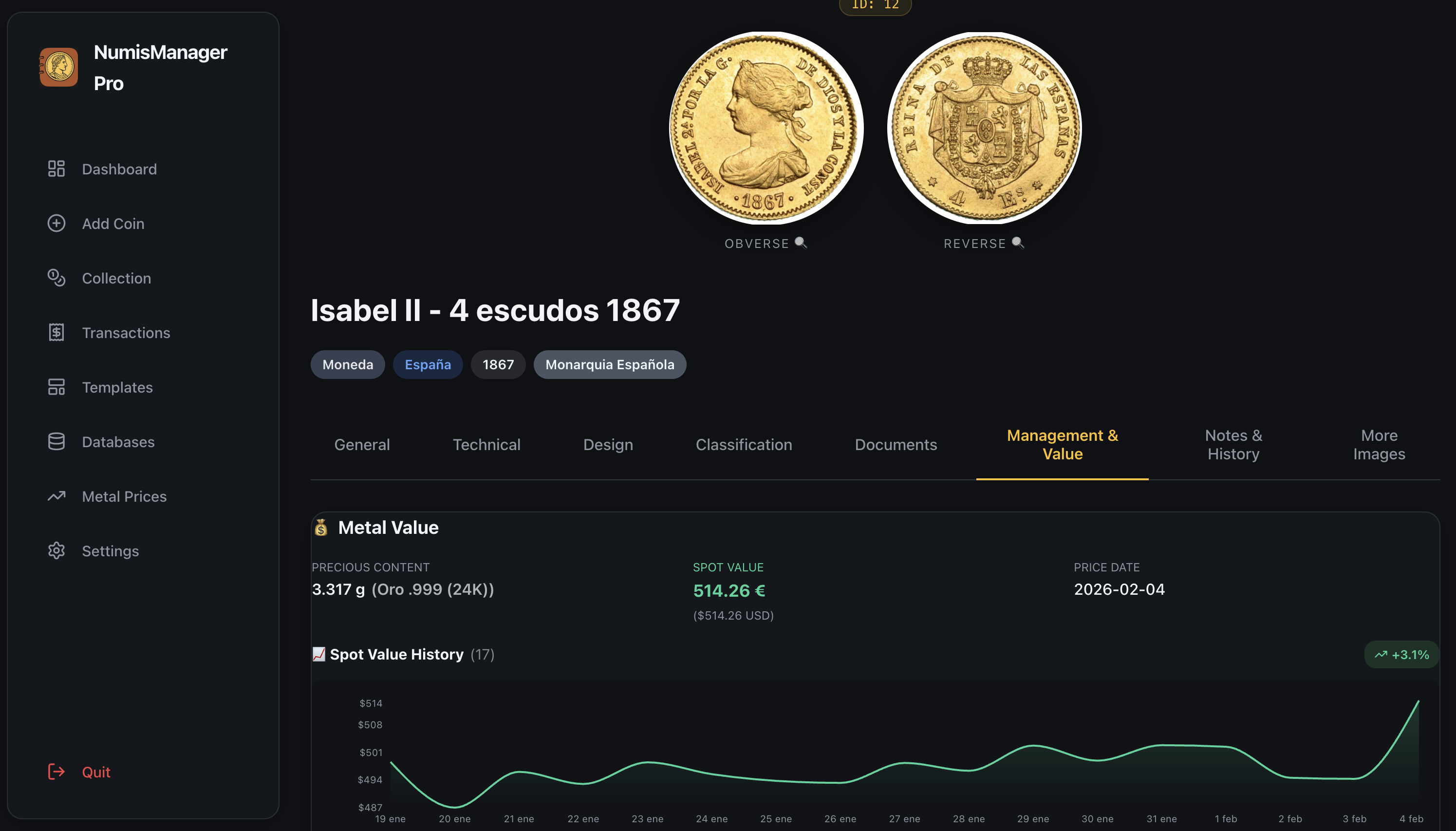 NumisManagerPro Automatic Metal Value Calculation